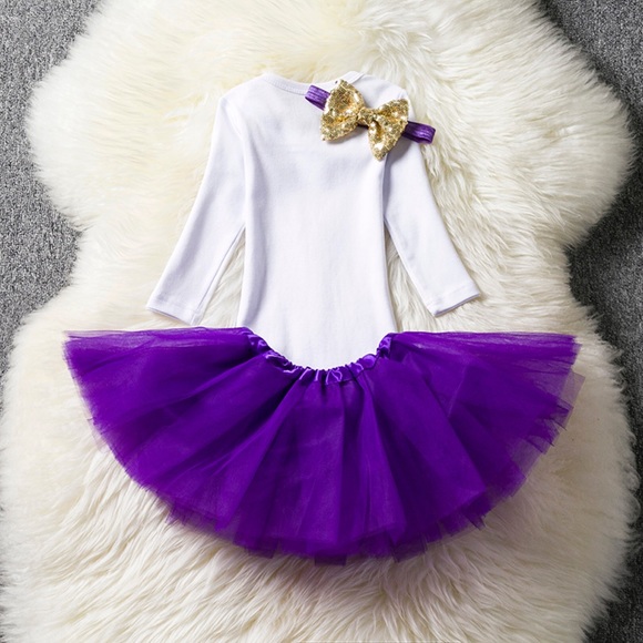 1st Birthday Outfit Matching Onesie Purple Tulle Skirt and Headband - Picture 2 of 14
